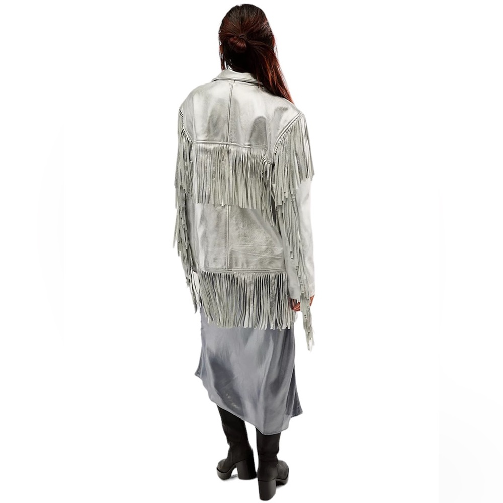 Silver Leather Fringe Women's Jacket - Picture 3 of 8